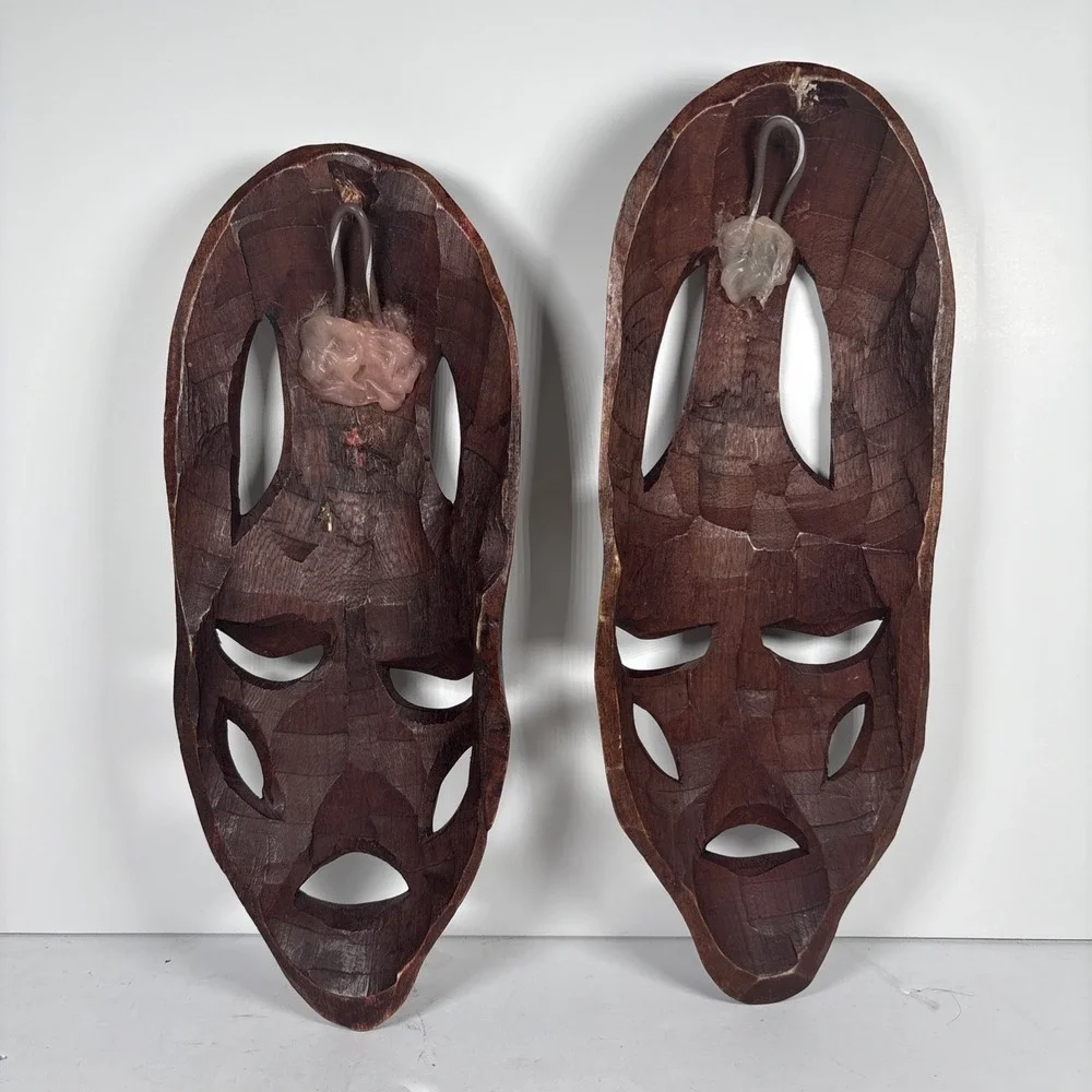 Hand Carved Wooden Tribal Mask Pair Wall Hanging Unbranded